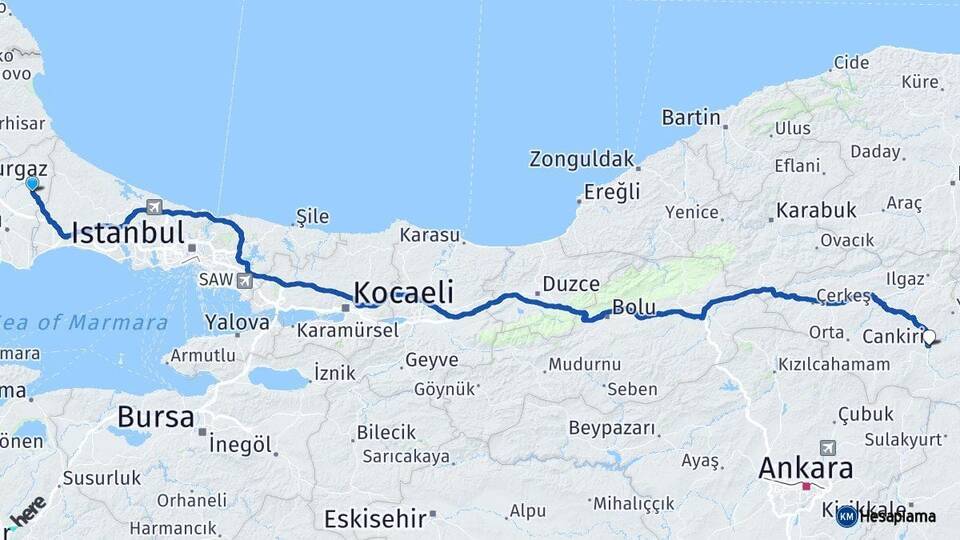 Tekirdağ Kapaklı Çankırı Arası Kaç Km - Yol Haritası