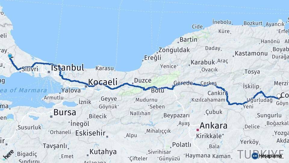 Tekirdağ Kapaklı Çorum Arası Kaç Km - Yol Haritası
