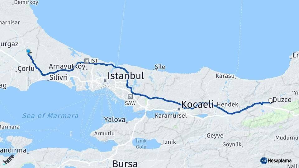 Tekirdağ Kapaklı Düzce Arası Kaç Km - Yol Haritası