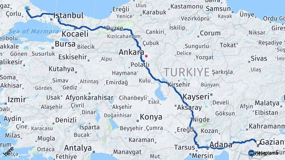 Tekirdağ Kapaklı Gaziantep Arası Kaç Km - Yol Haritası