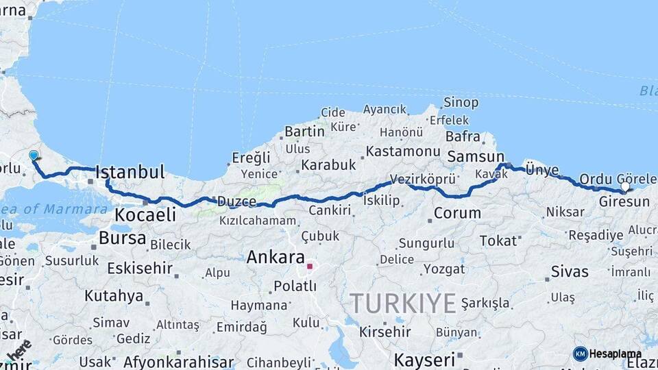 Tekirdağ Kapaklı Giresun Arası Kaç Km - Yol Haritası