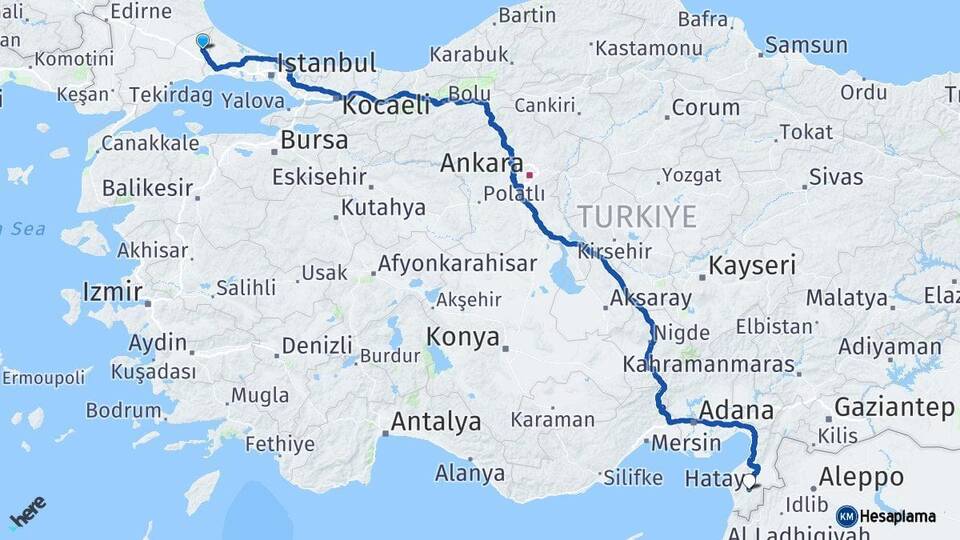 Tekirdağ Kapaklı Hatay Arası Kaç Km - Yol Haritası