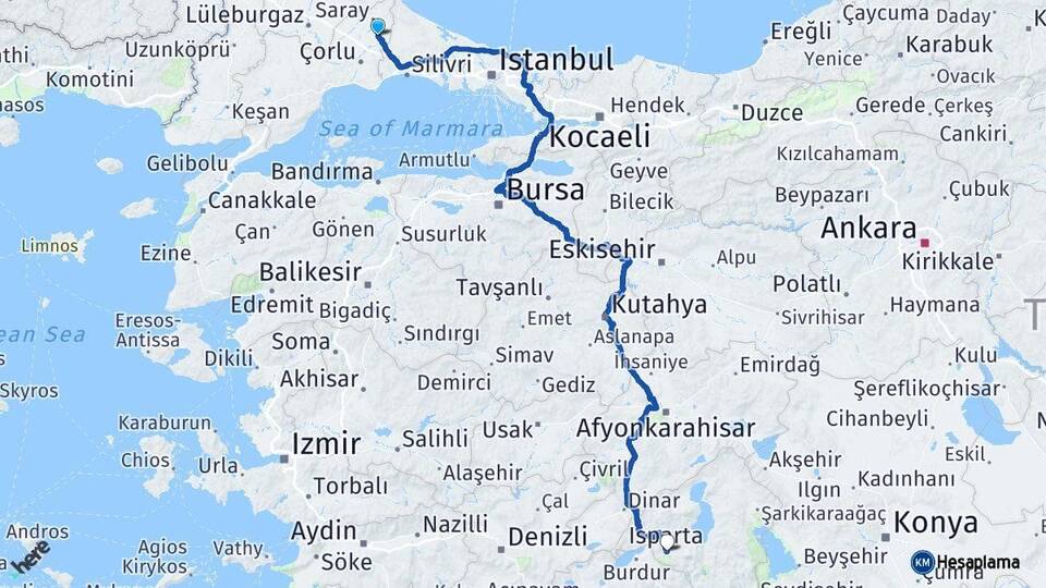 Tekirdağ Kapaklı Isparta Arası Kaç Km - Yol Haritası