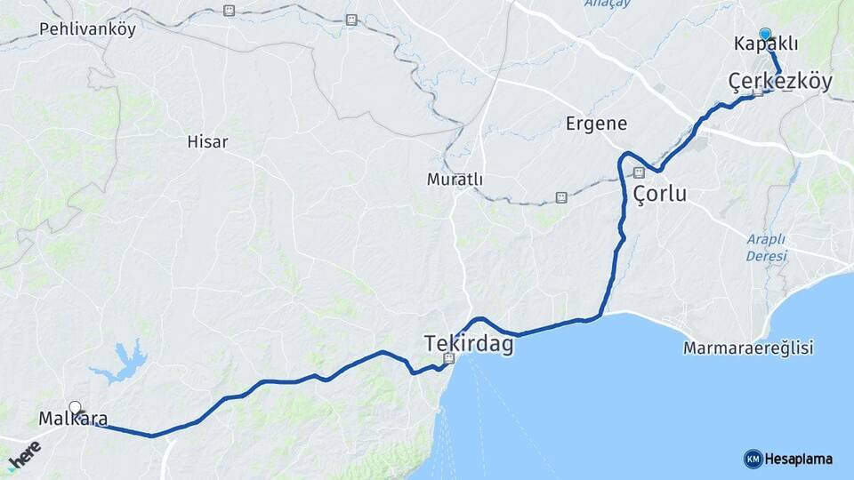 Tekirdağ Kapaklı Malkara Arası Kaç Km - Yol Haritası