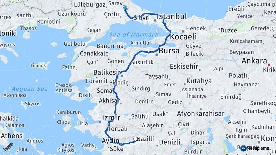 Tekirdağ Kapaklı Nazilli Aydın Arası Kaç Km - Yol Haritası