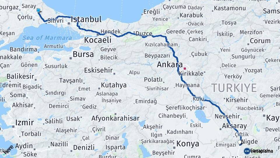 Tekirdağ Kapaklı Niğde Arası Kaç Km - Yol Haritası