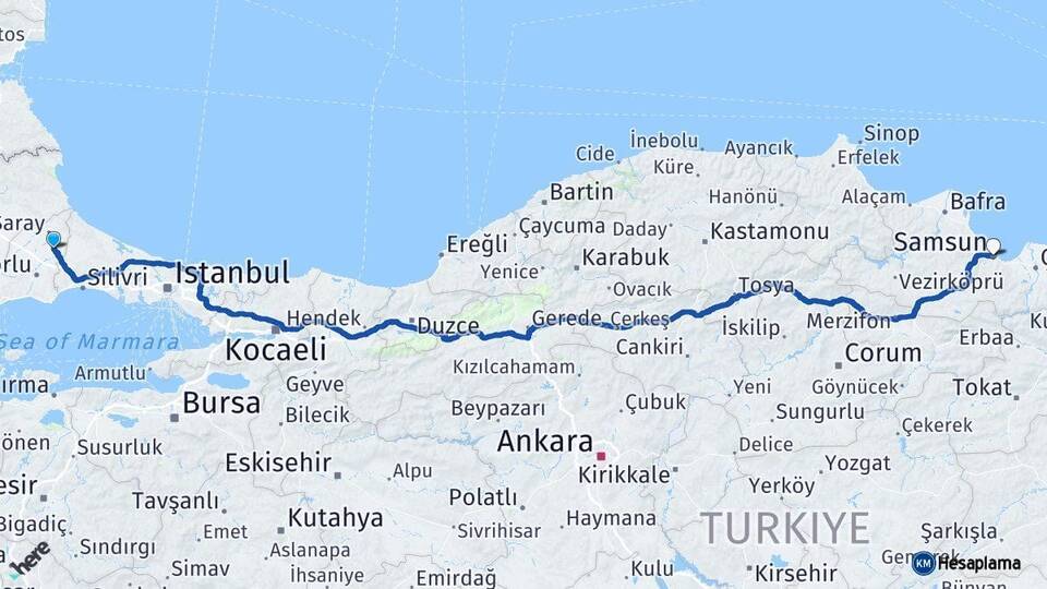 Tekirdağ Kapaklı Samsun Arası Kaç Km - Yol Haritası