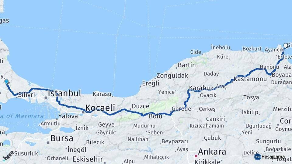 Tekirdağ Kapaklı Sinop Arası Kaç Km - Yol Haritası