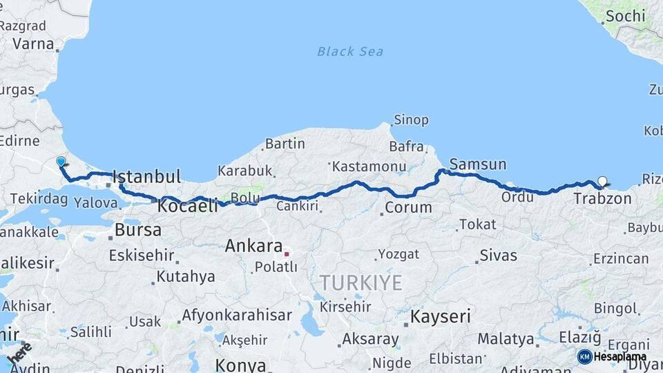Tekirdağ Kapaklı Trabzon Arası Kaç Km - Yol Haritası