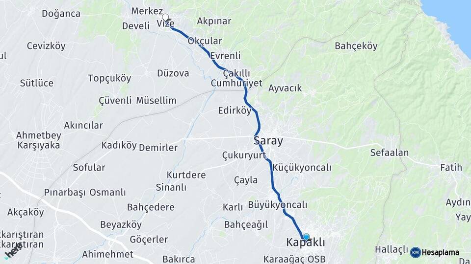 Tekirdağ Kapaklı Vize Kırklareli Arası Kaç Km - Yol Haritası