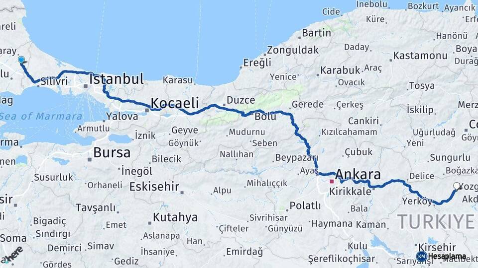 Tekirdağ Kapaklı Yozgat Arası Kaç Km - Yol Haritası