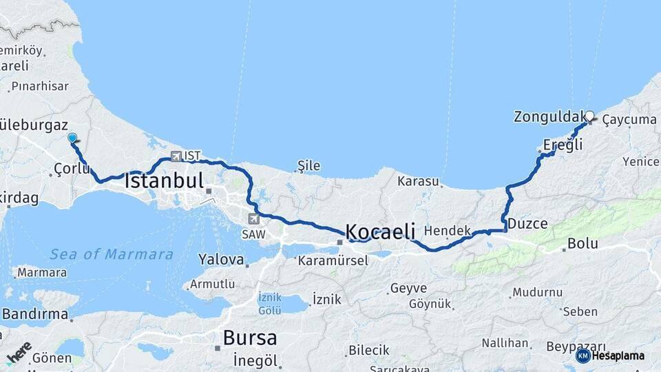 Tekirdağ Kapaklı Zonguldak Arası Kaç Km - Yol Haritası