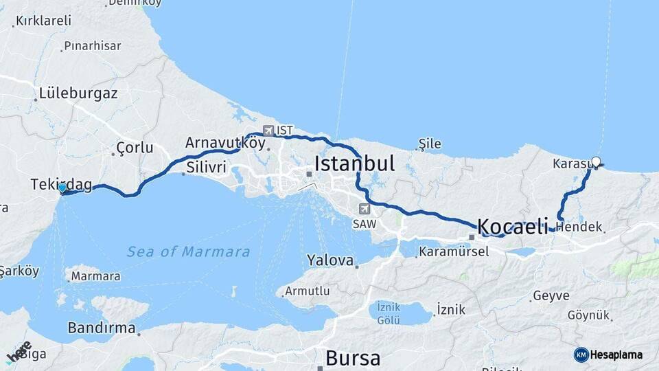 Tekirdağ Karasu Sakarya Arası Kaç Km - Yol Haritası
