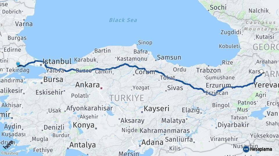 Tekirdağ Kars Arası Kaç Km - Yol Haritası