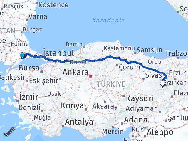 Tekirdağ Kemaliye Erzincan Arası Kaç Km - Yol Haritası