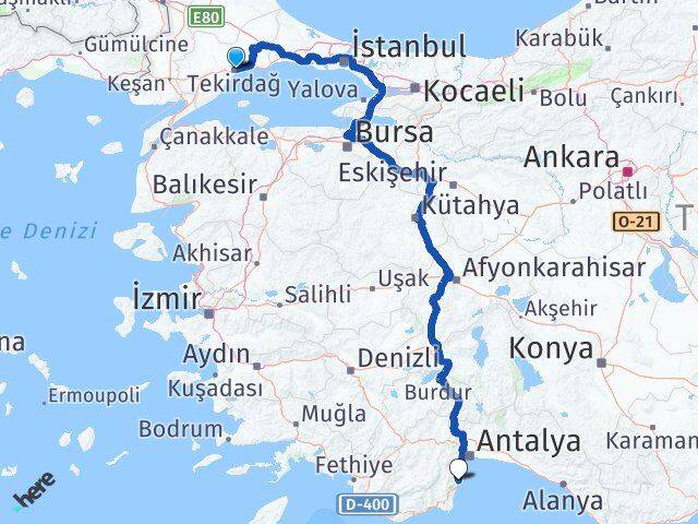 Tekirdağ Kemer Antalya Arası Kaç Km - Yol Haritası