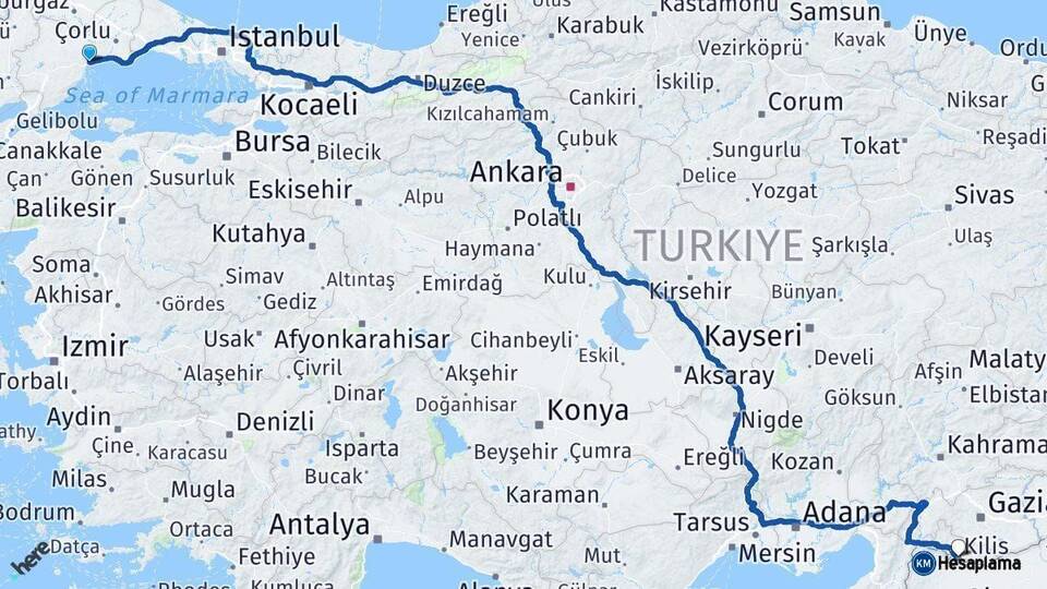 Tekirdağ Kilis Arası Kaç Km - Yol Haritası