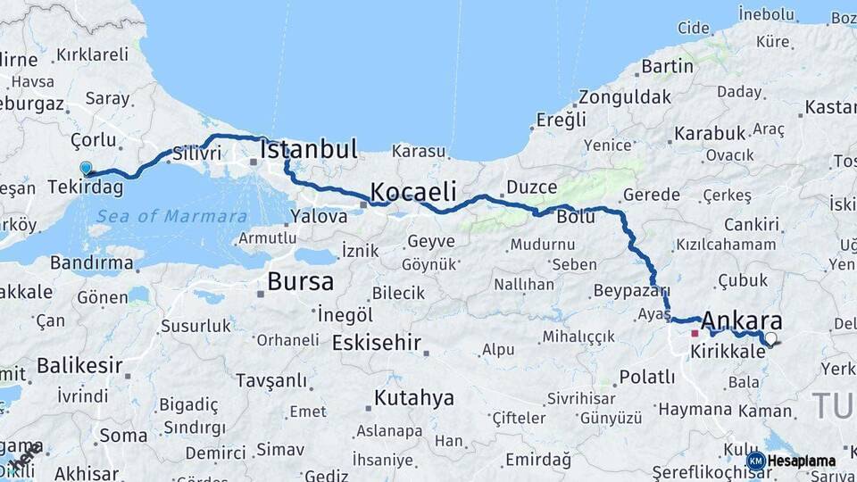 Tekirdağ Kırıkkale Arası Kaç Km - Yol Haritası