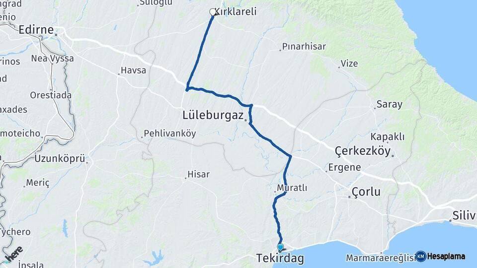 Tekirdağ Kırklareli Arası Kaç Km - Yol Haritası