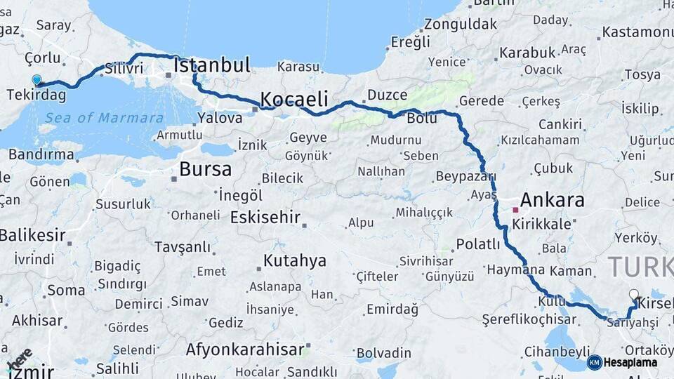 Tekirdağ Kırşehir Arası Kaç Km - Yol Haritası