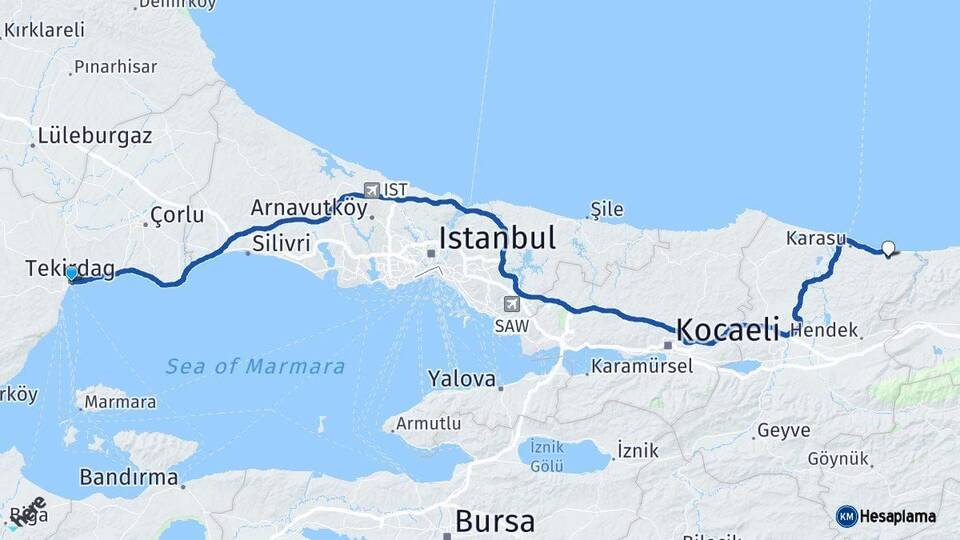 Tekirdağ Kocaali Sakarya Arası Kaç Km - Yol Haritası