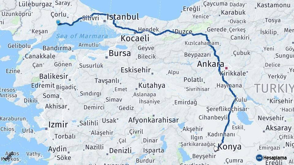 Tekirdağ Konya Arası Kaç Km - Yol Haritası