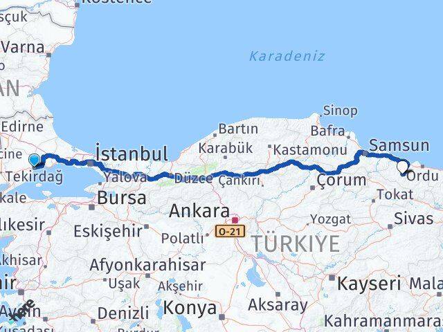 Tekirdağ Korgan Ordu Arası Kaç Km - Yol Haritası