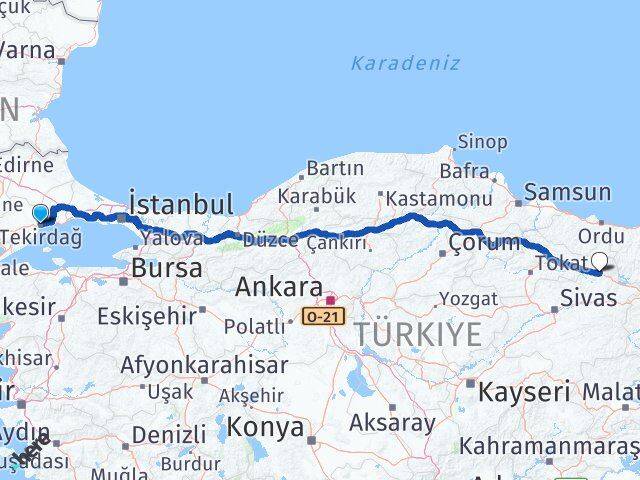 Tekirdağ Koyulhisar Sivas Arası Kaç Km - Yol Haritası