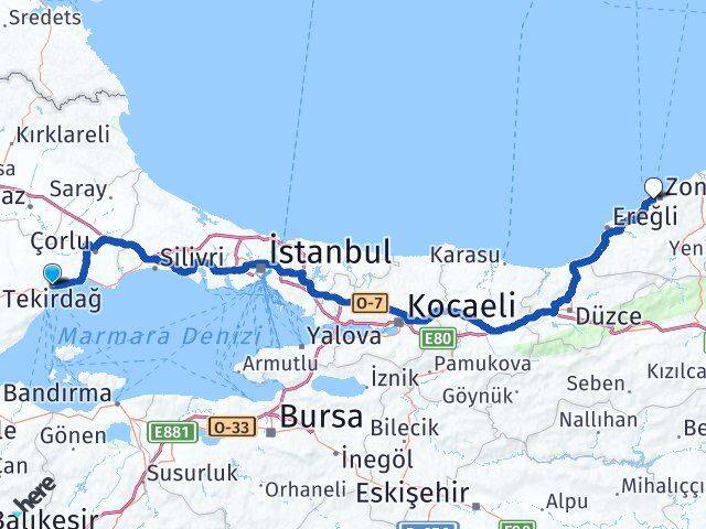 Tekirdağ Kozlu Zonguldak Arası Kaç Km - Yol Haritası