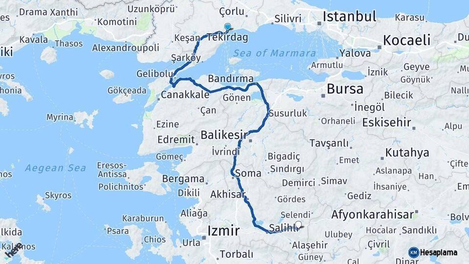 Tekirdağ Kula Manisa Arası Kaç Km - Yol Haritası