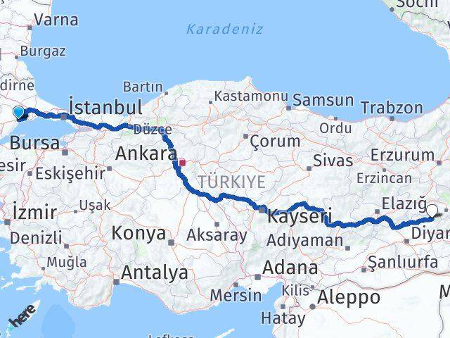Tekirdağ Kulp Diyarbakır Arası Kaç Km - Yol Haritası
