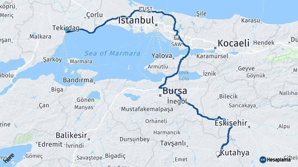 Tekirdağ Kütahya Arası Kaç Km - Yol Haritası