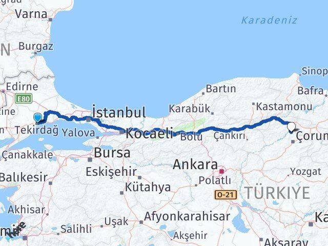 Tekirdağ Laçin Çorum Arası Kaç Km - Yol Haritası