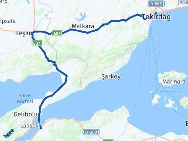Tekirdağ Lapseki Çanakkale Arası Kaç Km - Yol Haritası