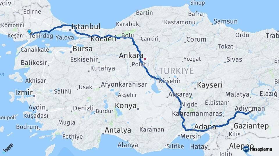 Tekirdağ Malkara Adıyaman Arası Kaç Km - Yol Haritası