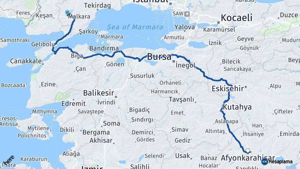 Tekirdağ Malkara Afyonkarahisar Arası Kaç Km - Yol Haritası