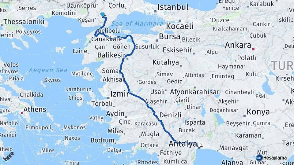 Tekirdağ Malkara Antalya Arası Kaç Km - Yol Haritası