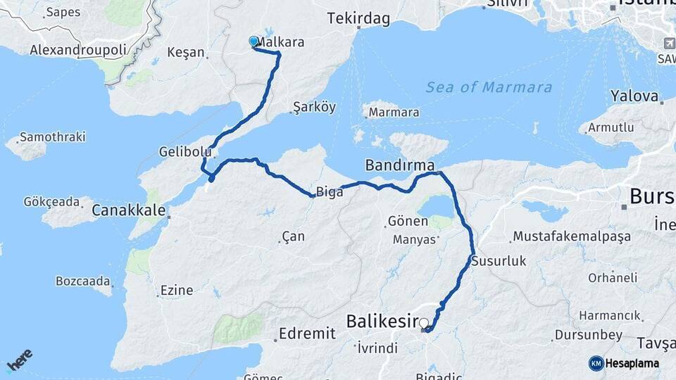 Tekirdağ Malkara Balıkesir Arası Kaç Km - Yol Haritası