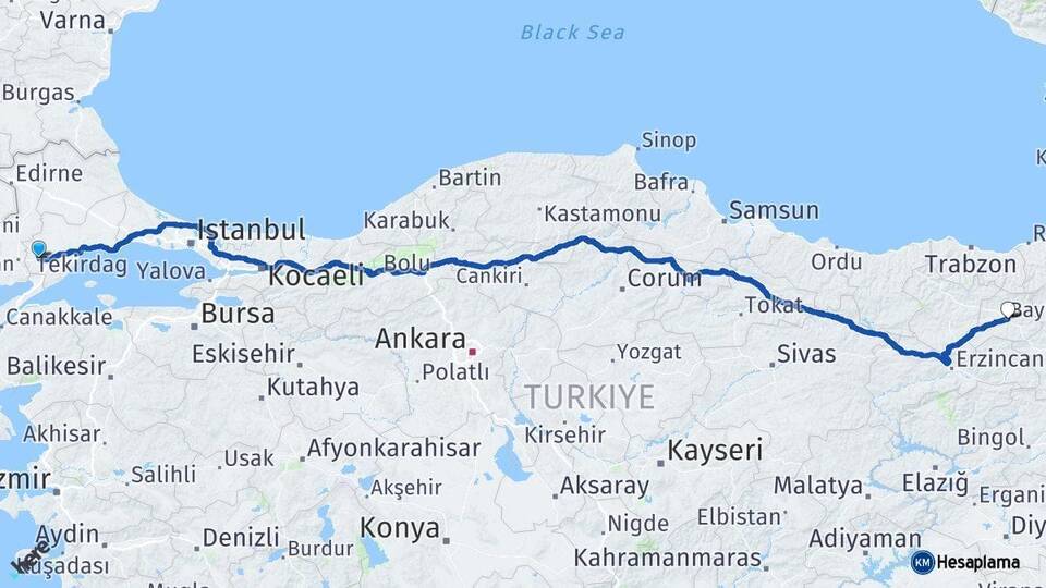 Tekirdağ Malkara Bayburt Arası Kaç Km - Yol Haritası