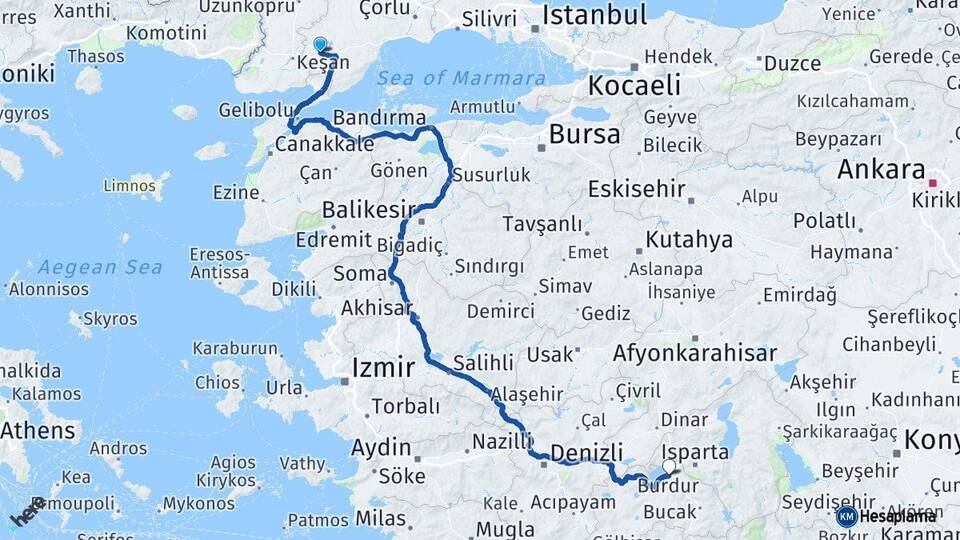 Tekirdağ Malkara Burdur Arası Kaç Km - Yol Haritası