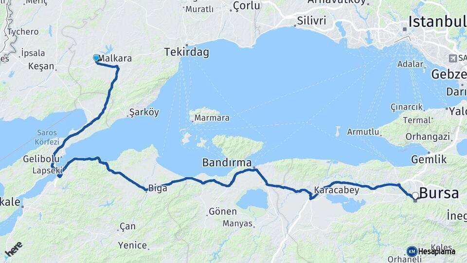 Tekirdağ Malkara Bursa Arası Kaç Km - Yol Haritası
