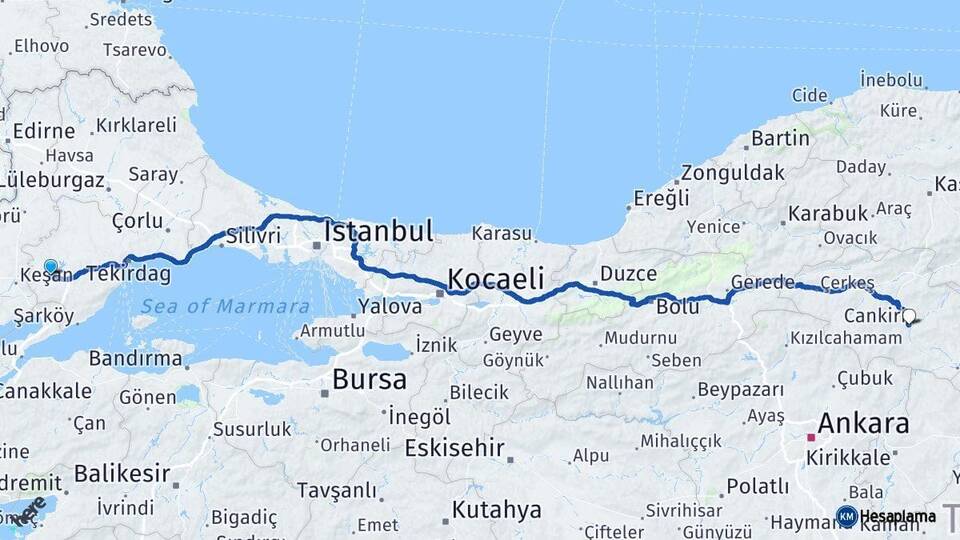 Tekirdağ Malkara Çankırı Arası Kaç Km - Yol Haritası