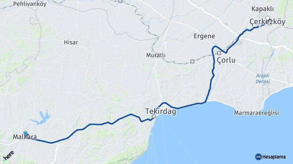 Tekirdağ Malkara Çerkezköy Arası Kaç Km - Yol Haritası