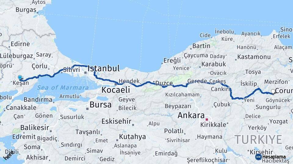 Tekirdağ Malkara Çorum Arası Kaç Km - Yol Haritası