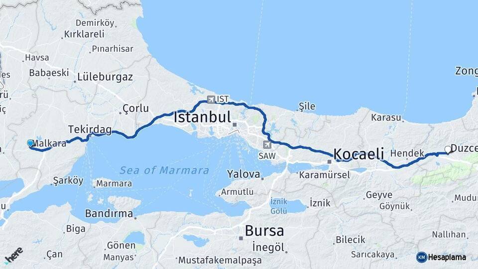 Tekirdağ Malkara Düzce Arası Kaç Km - Yol Haritası