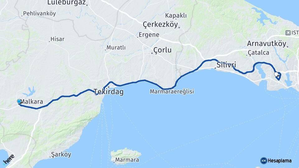 Tekirdağ Malkara Esenyurt İstanbul Arası Kaç Km - Yol Haritası