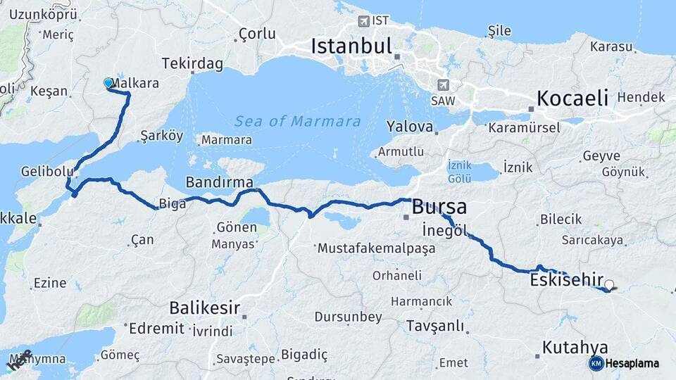 Tekirdağ Malkara Eskişehir Arası Kaç Km - Yol Haritası