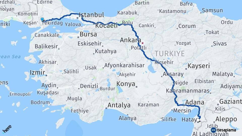 Tekirdağ Malkara Hatay Arası Kaç Km - Yol Haritası