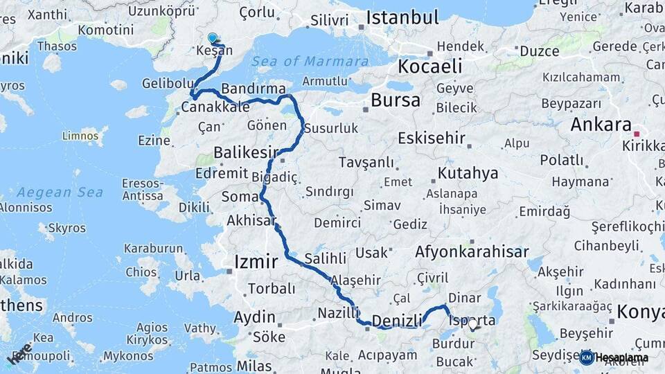 Tekirdağ Malkara Isparta Arası Kaç Km - Yol Haritası