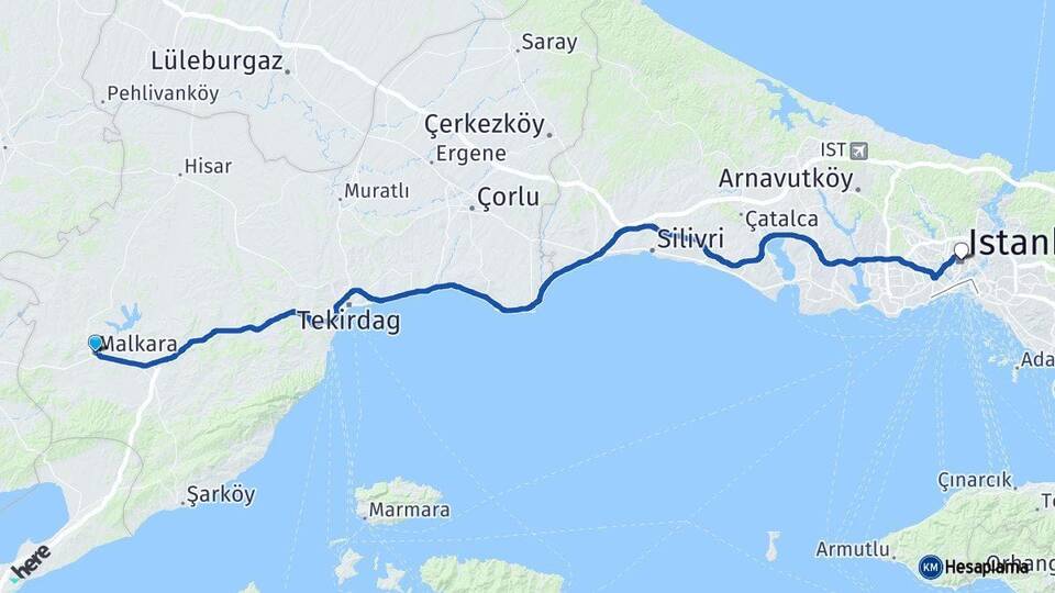 Tekirdağ Malkara İstanbul Arası Kaç Km - Yol Haritası